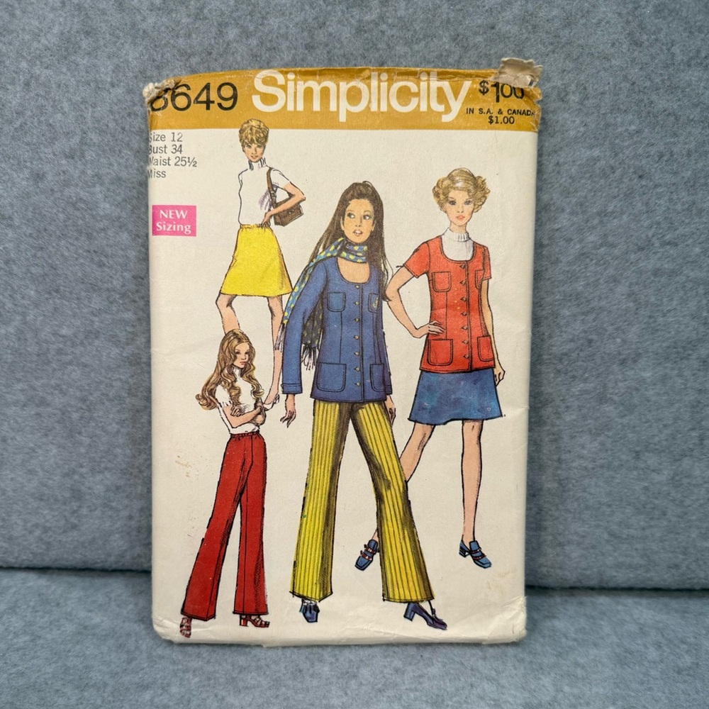 Vintage 1969 Simplicity 8649 Uncut Sewing Pattern Jacket Skirt Pants Size 12 New